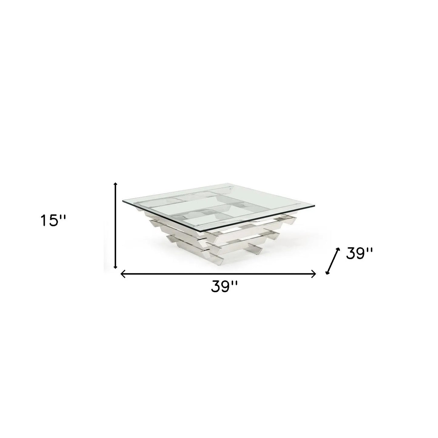 HMS 39\" Clear and Silver Glass Square Stainless Steel Coffee Table with Shelf Sleek Square Sled Design