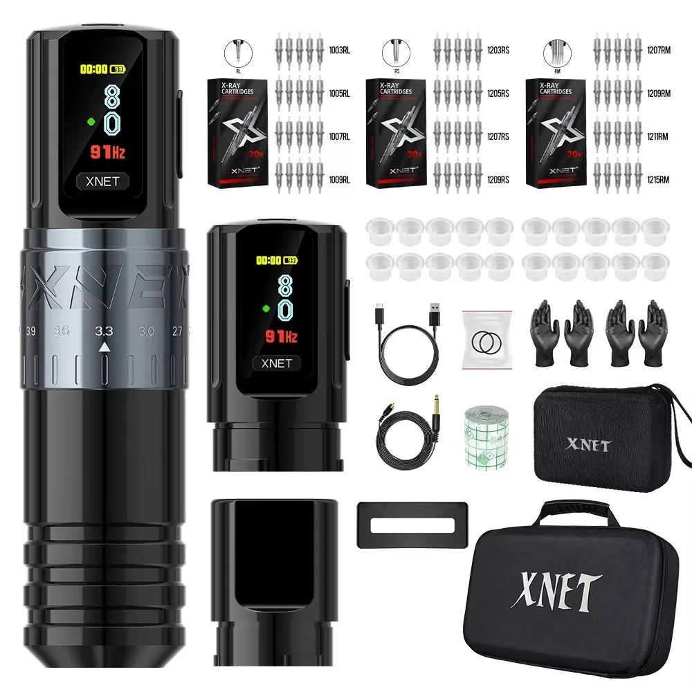 XNET Vipera 2.4-4.2mm Adjustable Stroke Professional Wireless Tattoo Pen Machine Complete Full Kit Set with 60pc Mixed Cartridge