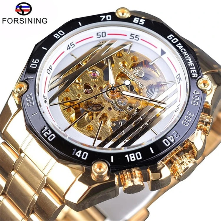 Forsining Golden Stainless Steel Band Top Brand Luxury Mechanical Wristwatches Fashion Openwork Men's Watch Skeleton Male Clock