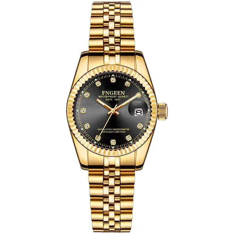 Fngeen 7008 3301 Diamonds Couple Watches Luminous Date Quartz Movement Women and Men Lover's Golden Design Big Dial Wrist Watch