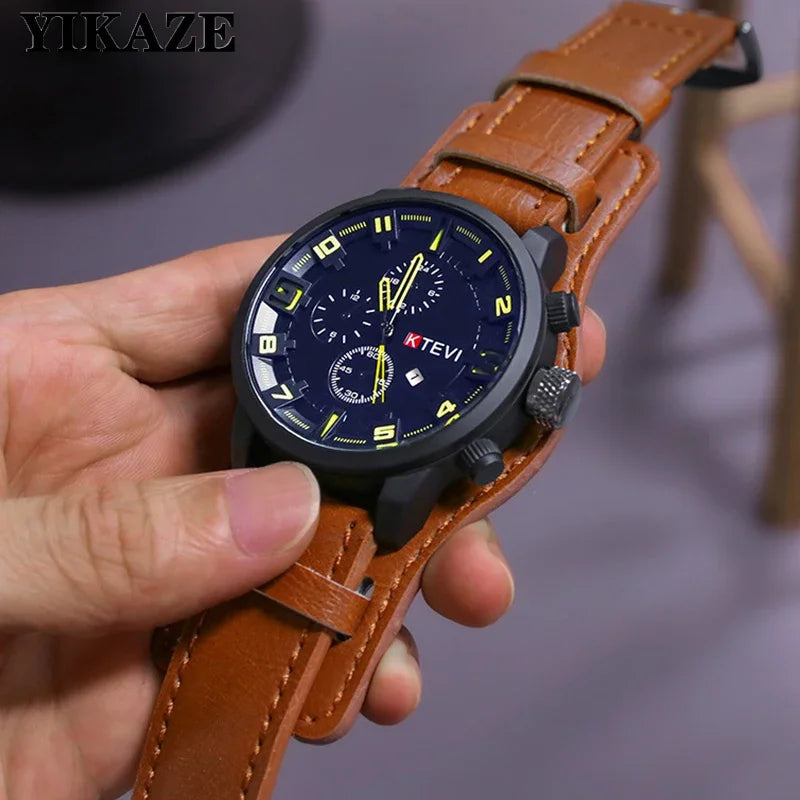 MAYZHISU Retro Men's Watches Big Dial Leather Band Men Business Quartz Watches Calendar Military Sports Male's Wristwatch Clock