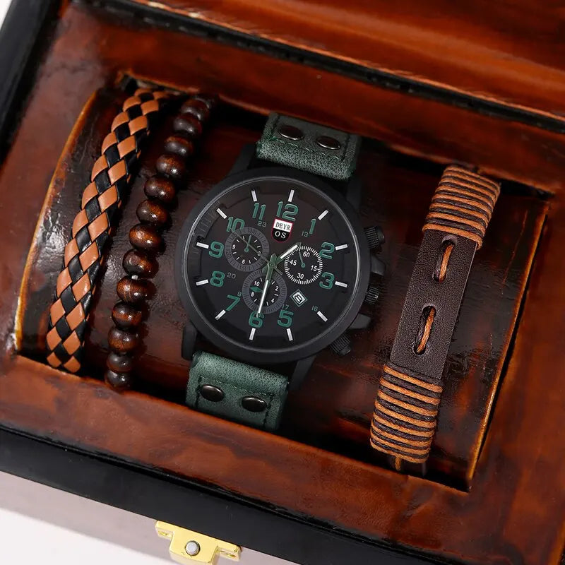 4PCS Set Fashion Mens Sports Bracelet Watches For Men Military Quartz Wrist Watch Classic Male Casual Leather Watch Reloj Hombre