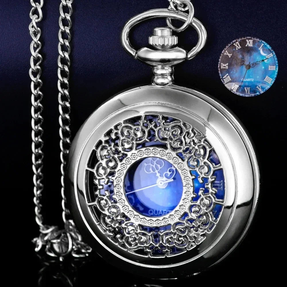 Special Antique Design Blue Dial Quartz Pocket Watch Vintage Necklace Pendant Clock Men's and Women's Best Holiday Gift