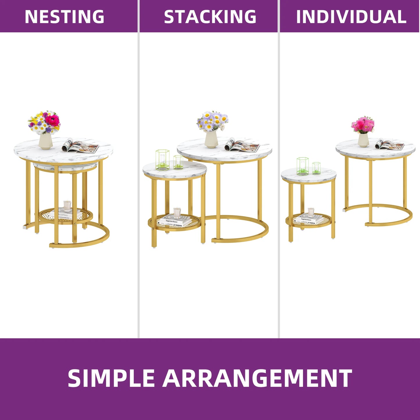 YITAHOME 2-Piece Nesting Coffee Table Set - Round Wood Top & Metal Frame with Storage, 60x60x50.5cm, Easy Assembly