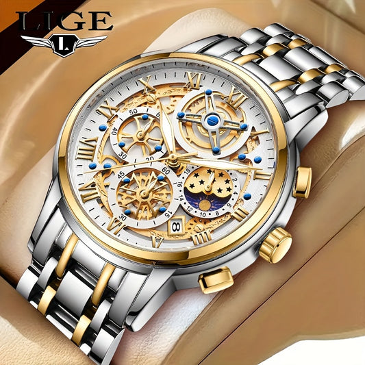 LIGE Noble Luxury Business men's Watch Stainless Steel Strap. Fashion Creative Gear Dial Luminous Calendar Quartz Watches. Suitable for family gatherings as gifts