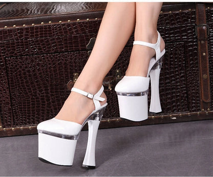 Thick Heel Silver 18 cm Round Head Buckle Shallow Mouth Queen High Heels Banquet Fashion T-stage Model Walk Show Sequin Women's