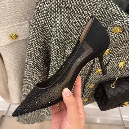 8.5CM/6.5CM/Flat Pointy Toe Sandals RTS Product Famous Brand Designer Mesh Pumps Gold Luxury Heels for Woman