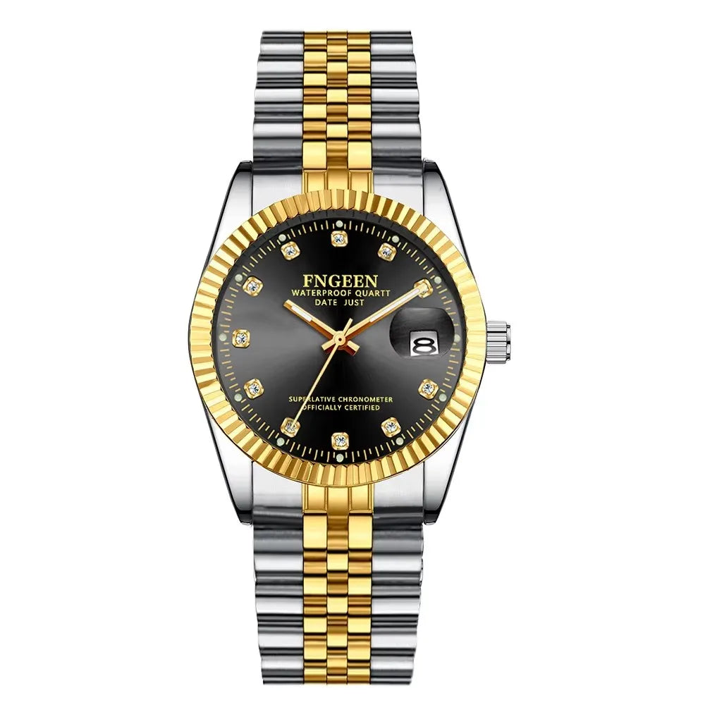 Fngeen 7008 3301 Diamonds Couple Watches Luminous Date Quartz Movement Women and Men Lover's Golden Design Big Dial Wrist Watch