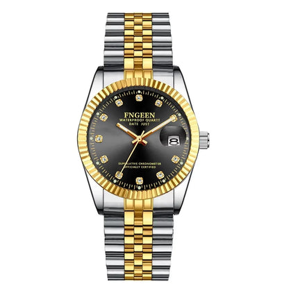 Fngeen 7008 3301 Diamonds Couple Watches Luminous Date Quartz Movement Women and Men Lover's Golden Design Big Dial Wrist Watch