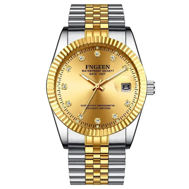 Fngeen 7008 3301 Diamonds Couple Watches Luminous Date Quartz Movement Women and Men Lover's Golden Design Big Dial Wrist Watch