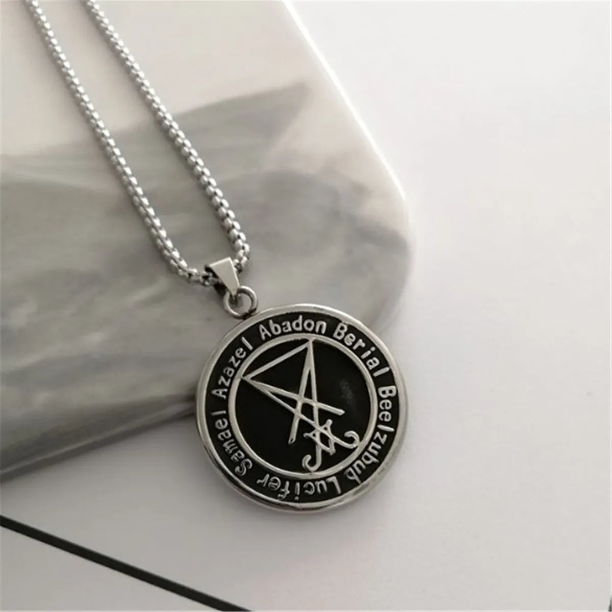 Retro Geometric Sigil of Lucifer Inverted Cross Coin Pendant Necklace Vintage Style Titanium Steel Unisex Gift