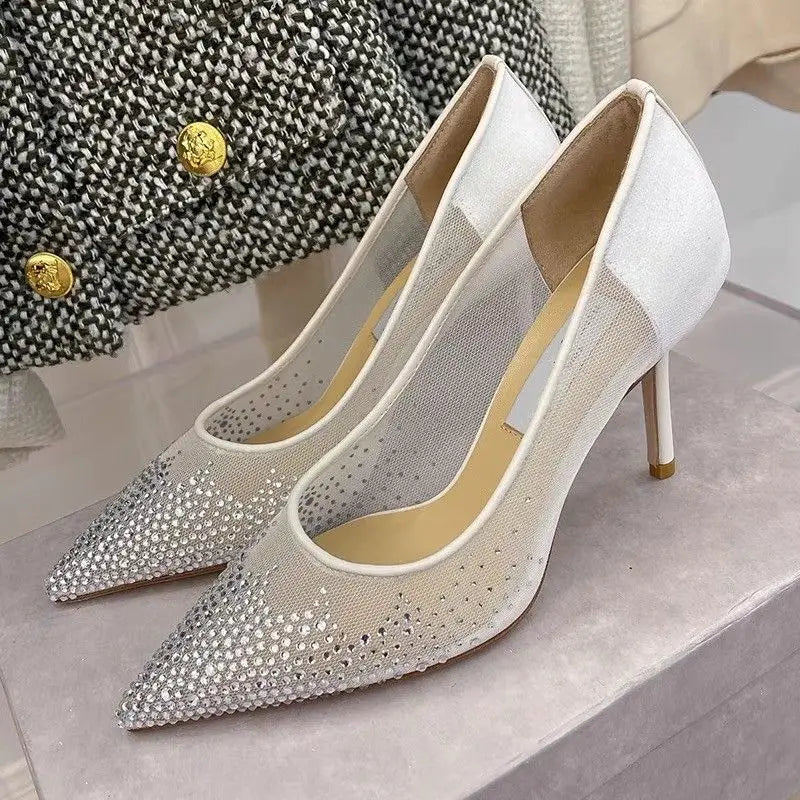 8.5CM/6.5CM/Flat Pointy Toe Sandals RTS Product Famous Brand Designer Mesh Pumps Gold Luxury Heels for Woman