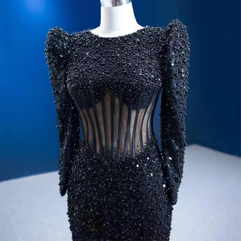 Jancember RSM67553 Sexy Black Illusion Long Sleeve Party Mermaid Evening Gowns Dresses