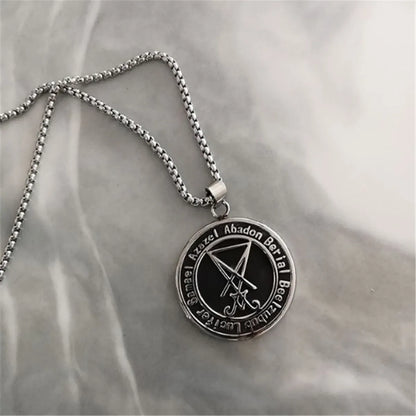 Retro Geometric Sigil of Lucifer Inverted Cross Coin Pendant Necklace Vintage Style Titanium Steel Unisex Gift