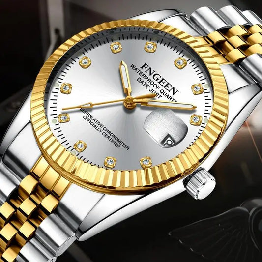 Fngeen 7008 3301 Diamonds Couple Watches Luminous Date Quartz Movement Women and Men Lover's Golden Design Big Dial Wrist Watch