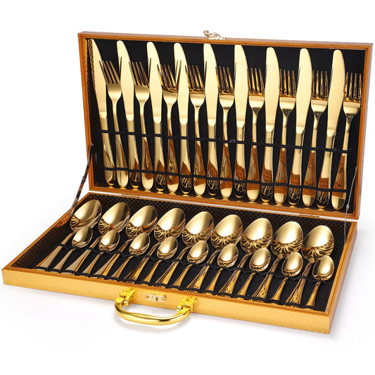 Table Spoon Set Stainless Steel Cutlery Set 36pcs With Wooden Box Gold Luxury Cutlery Set