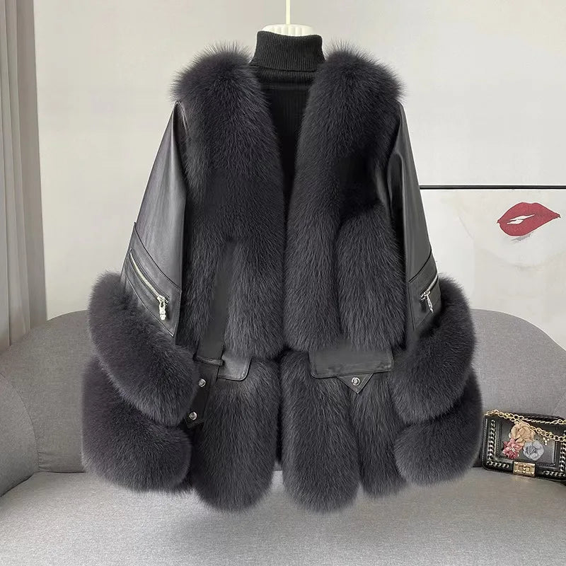 2023 New Arrival Winter Thick Warm Leather Fur Jacket Women Real Fox Fur Coat