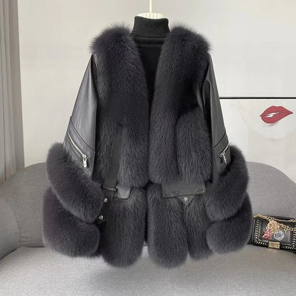 2023 New Arrival Winter Thick Warm Leather Fur Jacket Women Real Fox Fur Coat