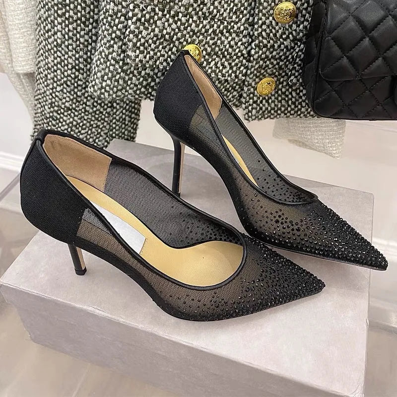 8.5CM/6.5CM/Flat Pointy Toe Sandals RTS Product Famous Brand Designer Mesh Pumps Gold Luxury Heels for Woman