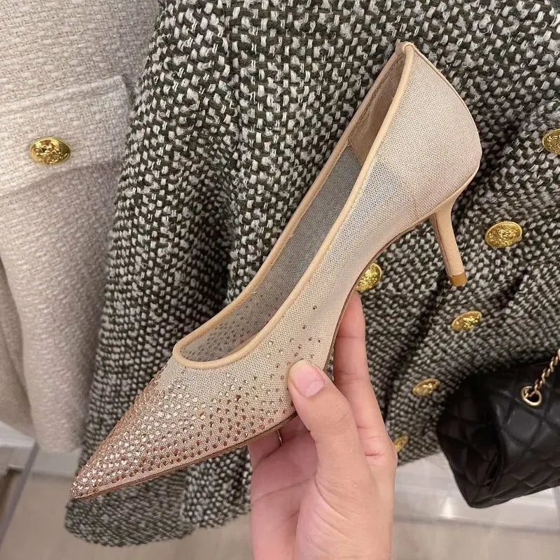 8.5CM/6.5CM/Flat Pointy Toe Sandals RTS Product Famous Brand Designer Mesh Pumps Gold Luxury Heels for Woman