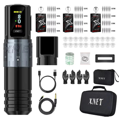 XNET Vipera 2.4-4.2mm Adjustable Stroke Professional Wireless Tattoo Pen Machine Complete Full Kit Set with 60pc Mixed Cartridge