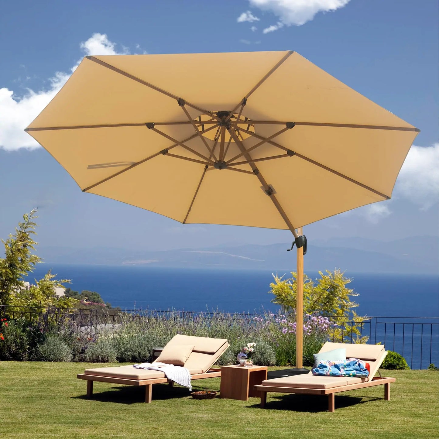 10ft Windproof Offset Patio Umbrella Large Cantilever Outdoor Umbrella with Wood Aluminum Frame for Garden Deck Pool Patio
