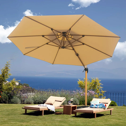 10ft Windproof Offset Patio Umbrella Large Cantilever Outdoor Umbrella with Wood Aluminum Frame for Garden Deck Pool Patio