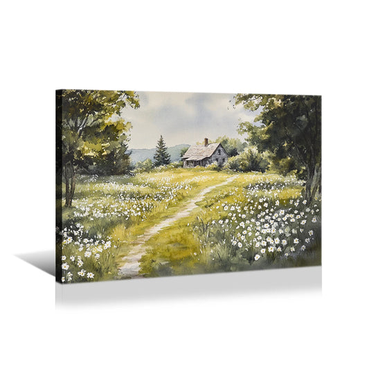 Rural Style Art Painting: a Printed Decorative Artwork Depicting a Small House Scene Among Flowers, Suitable for Home Decoration