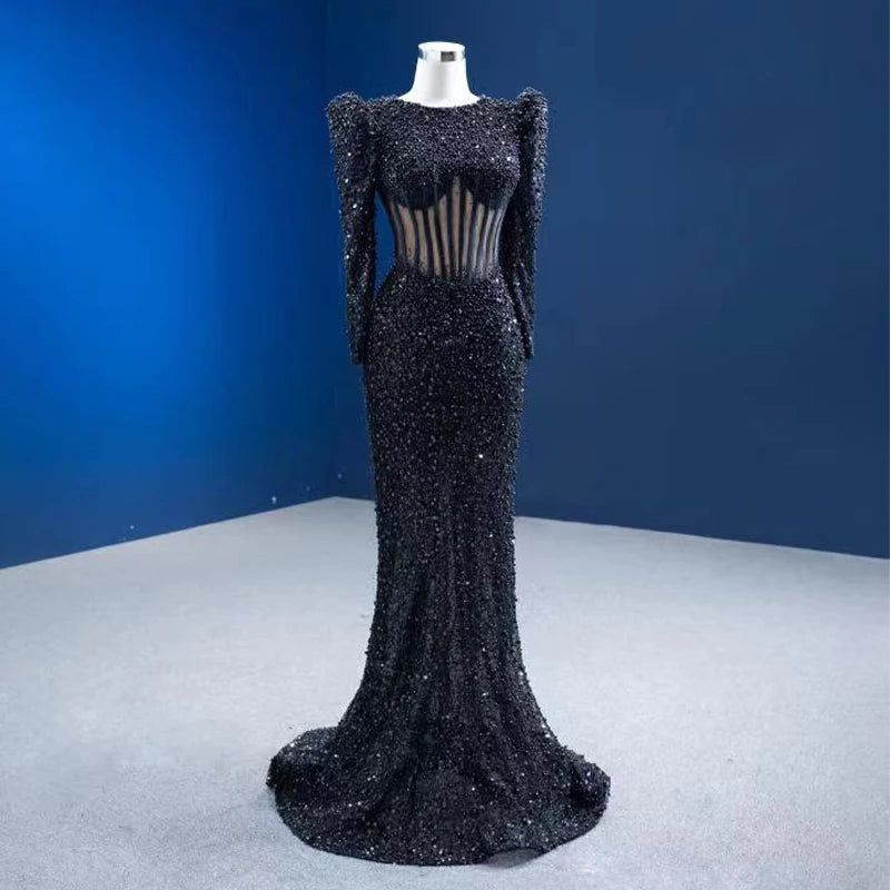 Jancember RSM67553 Sexy Black Illusion Long Sleeve Party Mermaid Evening Gowns Dresses