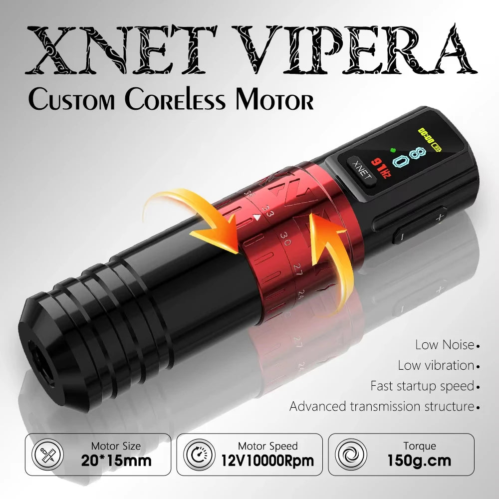 XNET Vipera 2.4-4.2mm Adjustable Stroke Professional Wireless Tattoo Pen Machine Complete Full Kit Set with 60pc Mixed Cartridge