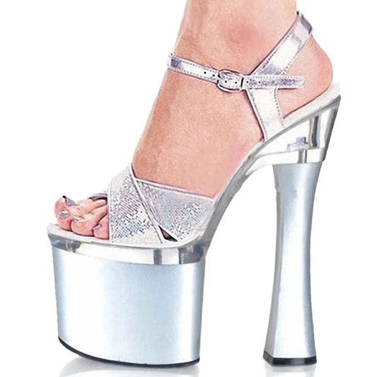 Thick Heel Silver 18 cm Round Head Buckle Shallow Mouth Queen High Heels Banquet Fashion T-stage Model Walk Show Sequin Women's