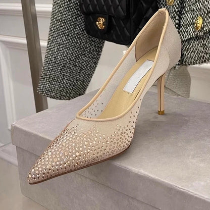 8.5CM/6.5CM/Flat Pointy Toe Sandals RTS Product Famous Brand Designer Mesh Pumps Gold Luxury Heels for Woman