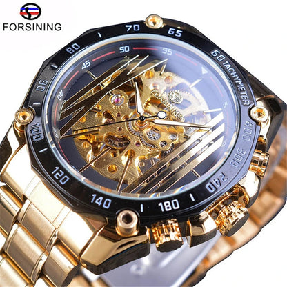 Forsining Golden Stainless Steel Band Top Brand Luxury Mechanical Wristwatches Fashion Openwork Men's Watch Skeleton Male Clock