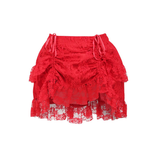 TD Cosplay Costumes-Red Lace Ruched Bustle Skirt