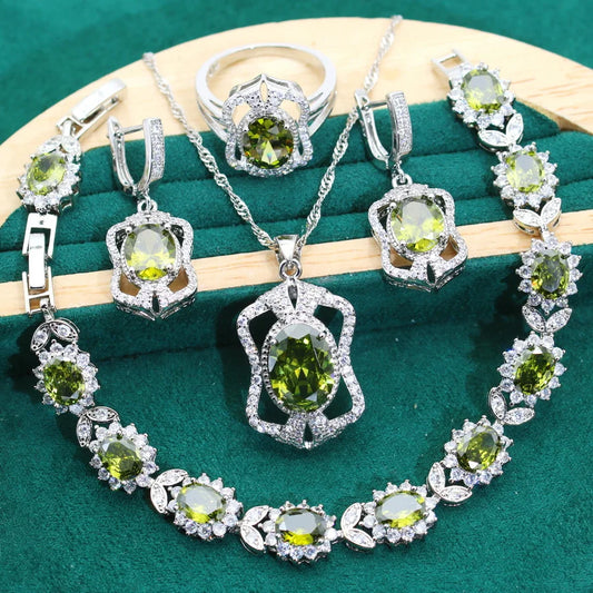 2024 New Classic 925 Silver Jewelry Set Olive Green Zircon Wedding Bracelet Pendant Ring for Women's Engagement Birthday Gifts