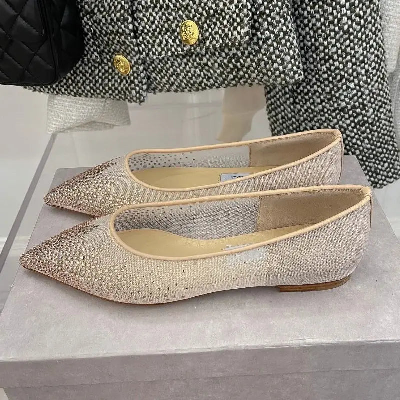 8.5CM/6.5CM/Flat Pointy Toe Sandals RTS Product Famous Brand Designer Mesh Pumps Gold Luxury Heels for Woman