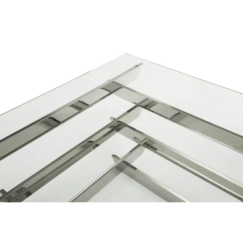 HMS 39\" Clear and Silver Glass Square Stainless Steel Coffee Table with Shelf Sleek Square Sled Design