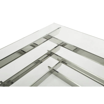 HMS 39\" Clear and Silver Glass Square Stainless Steel Coffee Table with Shelf Sleek Square Sled Design