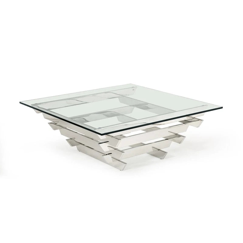 HMS 39\" Clear and Silver Glass Square Stainless Steel Coffee Table with Shelf Sleek Square Sled Design