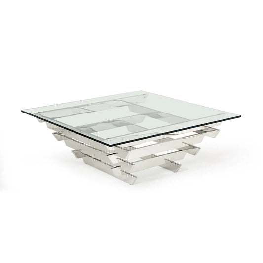 HMS 39\" Clear and Silver Glass Square Stainless Steel Coffee Table with Shelf Sleek Square Sled Design