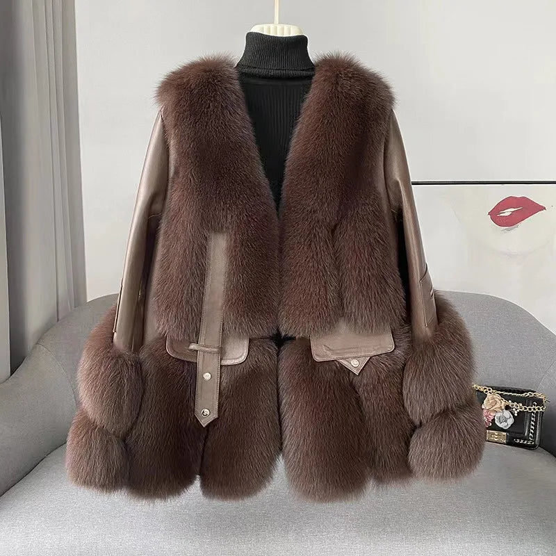 2023 New Arrival Winter Thick Warm Leather Fur Jacket Women Real Fox Fur Coat