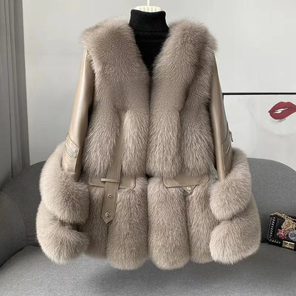 2023 New Arrival Winter Thick Warm Leather Fur Jacket Women Real Fox Fur Coat