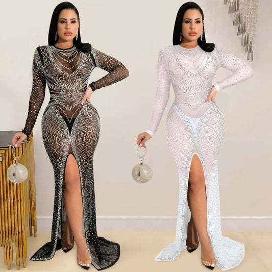 2025 New Arrival Women's Fashion Sexy Mesh Sheer Long Sleeve Slit Diamond Evening for Nightclub Party Casual Floor-Length Lace