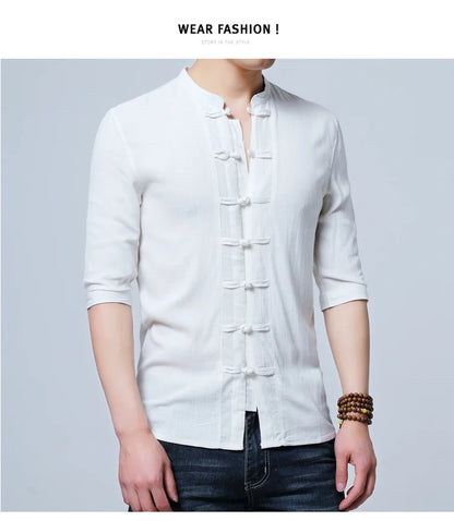 Tradictional Chinese Clothing For Men Half Sleeve Cotton Linen Chinese Style Shirts  Kung Fu Tai Chi Tang Suit Style Tops CN-026
