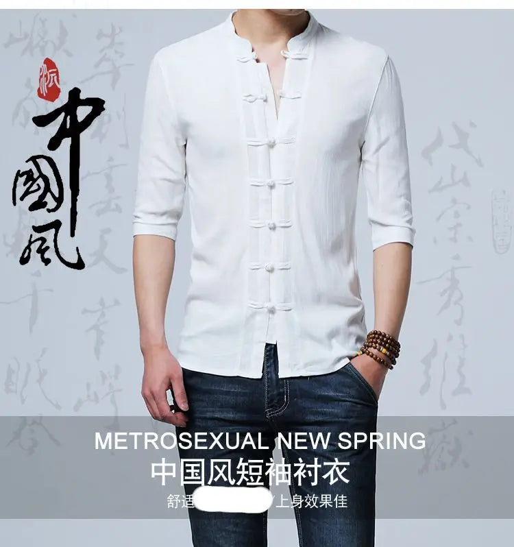 Tradictional Chinese Clothing For Men Half Sleeve Cotton Linen Chinese Style Shirts  Kung Fu Tai Chi Tang Suit Style Tops CN-026