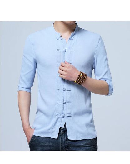Tradictional Chinese Clothing For Men Half Sleeve Cotton Linen Chinese Style Shirts  Kung Fu Tai Chi Tang Suit Style Tops CN-026