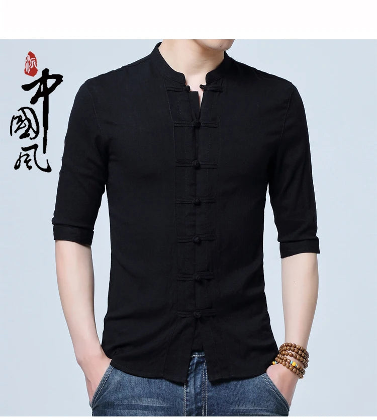 Tradictional Chinese Clothing For Men Half Sleeve Cotton Linen Chinese Style Shirts  Kung Fu Tai Chi Tang Suit Style Tops CN-026