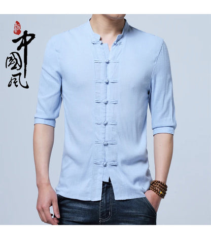 Tradictional Chinese Clothing For Men Half Sleeve Cotton Linen Chinese Style Shirts  Kung Fu Tai Chi Tang Suit Style Tops CN-026