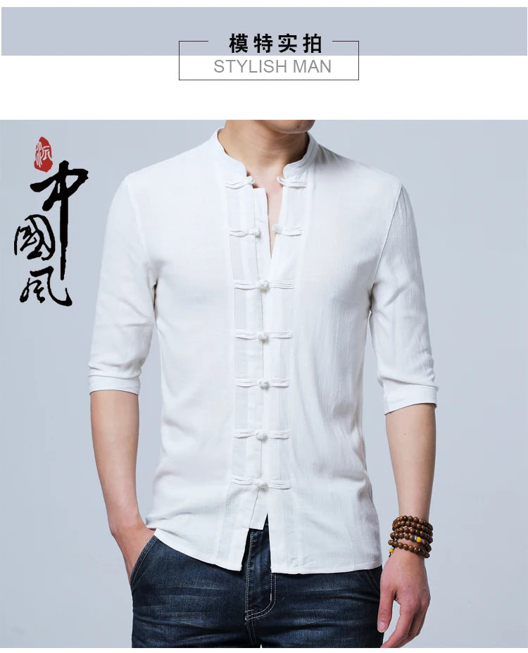 Tradictional Chinese Clothing For Men Half Sleeve Cotton Linen Chinese Style Shirts  Kung Fu Tai Chi Tang Suit Style Tops CN-026