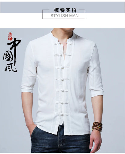 Tradictional Chinese Clothing For Men Half Sleeve Cotton Linen Chinese Style Shirts  Kung Fu Tai Chi Tang Suit Style Tops CN-026